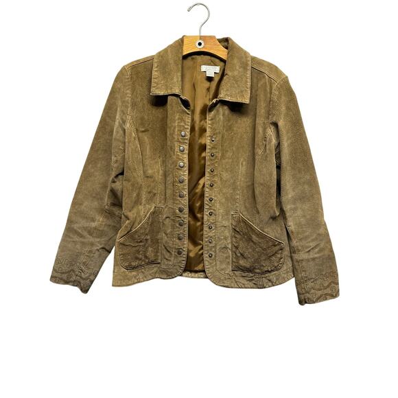 Vintage Christopher & Banks 100% Leather Tan Suede Snap Front Embossed Medium - Picture 1 of 12